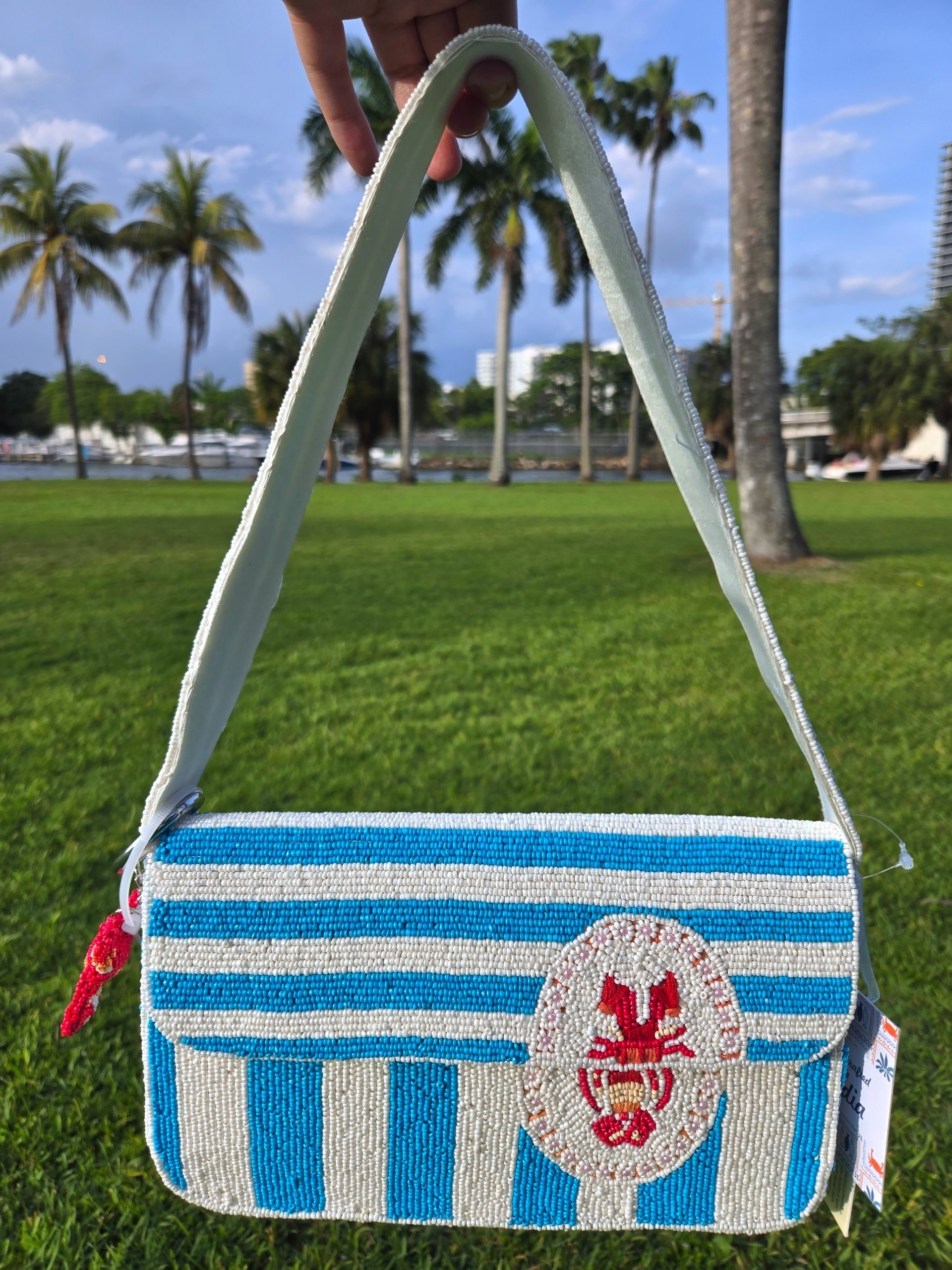 Viral Beaded Lobster Purse- Blue & White Striped Summer Shoulder Bag